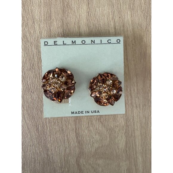 Vintage Delmonico Clip-On Earrings With Amber Rhinestones & Gold-Tone Metal - Picture 6 of 8